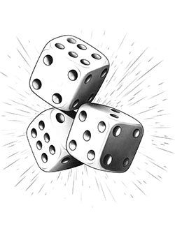 Tattoo template of a trio of dice mid-roll, with energetic lines radiating from the center for a dynamic and lucky design