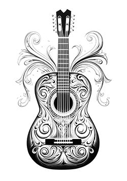 Tattoo template of an ornate guitar with swirling designs