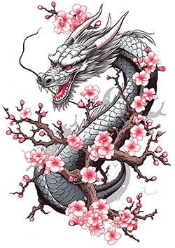 Tattoo template of a dragon with cherry blossoms