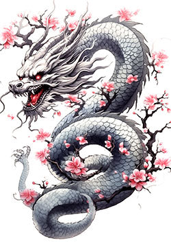 Tattoo template of a dragon amid cherry blossoms