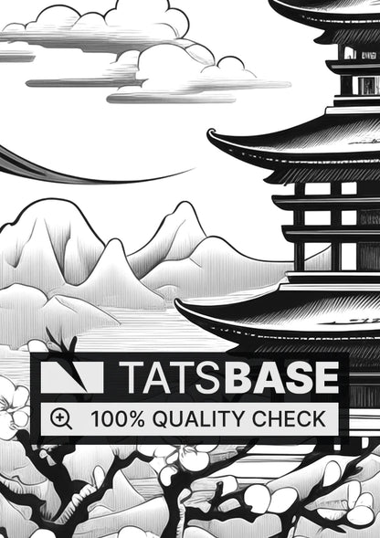 Tattoo template of a Japanese pagoda with cherry blossoms and mountains