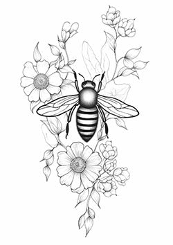 Tattoo template of a bee with blooming flowers, showcasing nature's intricate beauty.