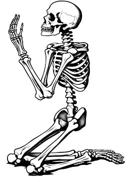 Tattoo template of a skeleton kneeling in prayer, highlighting themes of spirituality and mortality