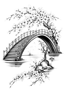 Tattoo template of a cherry blossom adorned bridge over water