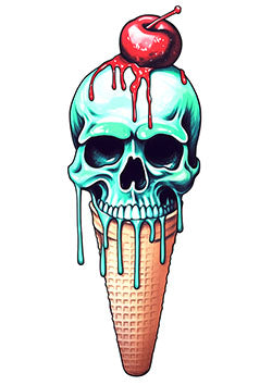 Tattoo template of a melting ice cream cone with a skull and cherry on top