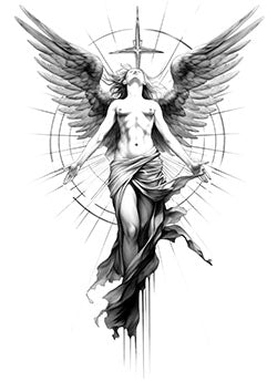 Tattoo template of a celestial angel ascending with outstretched wings and flowing robe