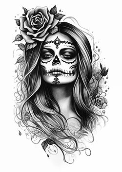 Tattoo template of a Day of the Dead woman with sugar skull face paint and a rose in her hair