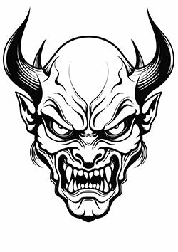 Tattoo template of a demonic face with horns and fierce expression