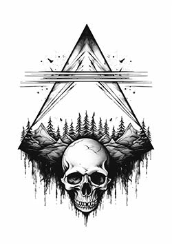 Tattoo template of a skull with a nature scene inside a triangle