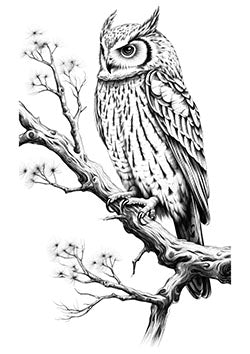 Tattoo template of a realistic owl perched on a branch, representing wisdom and vigilance.