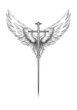 Tattoo template of a minimalist sword with angel wings, symbolizing protection and spirituality.