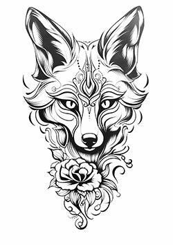 Tattoo template of a stylized fox head with a rose