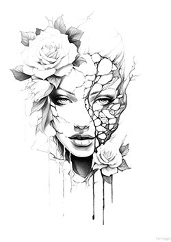 Tattoo template of a woman's face with roses and cracks, blending beauty and fragility.