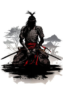 Tattoo template of a seated samurai with a sword