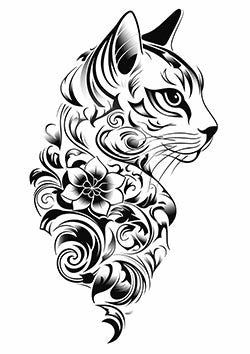 Tattoo template of a stylized cat with floral designs