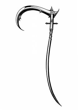 Tattoo template of a scythe with a curved blade and intricate handle exuding a dark aura