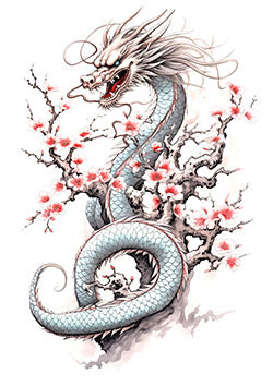 Tattoo template of a dragon with cherry blossoms