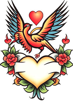 Tattoo template of a bird, heart, roses, and blank banner for text