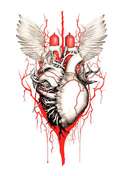 Tattoo template of a detailed heart with angel wings and red arteries symbolizing life and freedom