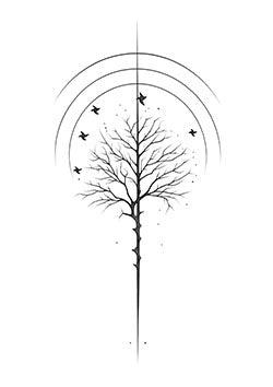 Tattoo template of a skeletal tree with birds and geometric circles, representing life and transcendence