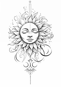 Tattoo template of a serene face emerging from a sunburst of petals with celestial and abstract symbols.