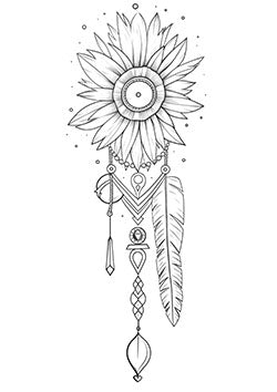 Tattoo template of a sunflower with dreamcatcher elements including feathers and beads