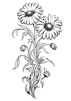 Tattoo template of a trio of daisy flowers with leaves