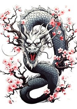 Tattoo template of a dragon with cherry blossoms