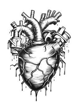 Tattoo template of a mechanical stylized human heart with pipes and drips