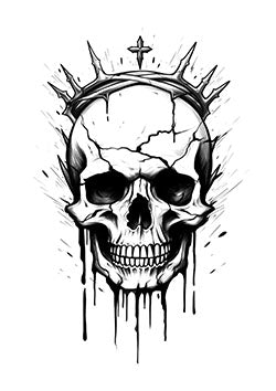 Tattoo template of a skull with a cracked surface, crowned in thorns, and dripping dark ink, topped with a cross