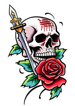 Tattoo template of a skull pierced by a sword with a blood-stained rose and leaves