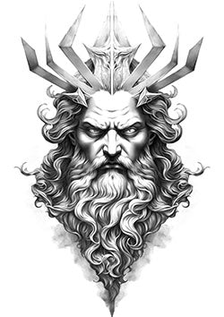 Tattoo template of a wise deity with a beard and a spiked crown, exuding timeless power and mystique