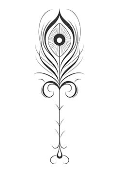 Tattoo template of a stylized peacock feather with flowing lines and central eye design