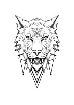 Tattoo template of a geometric lion with mystical patterns