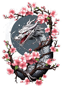 Tattoo template of an Asian dragon with cherry blossoms