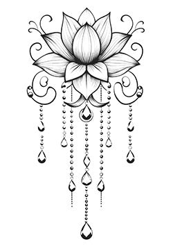 Tattoo template of a lotus flower with hanging teardrop gems and dotted chains