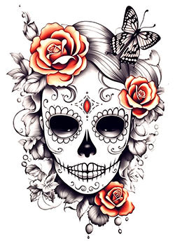 Tattoo template of a sugar skull with roses and a butterfly