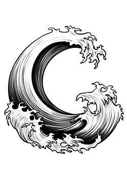 Tattoo template of a curling ocean wave with intricate and dynamic details symbolizing strength