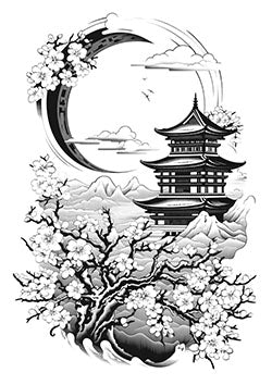 Tattoo template of a Japanese pagoda with cherry blossoms and mountains