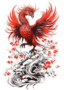 Tattoo template of a red phoenix with floral elements