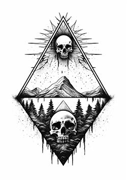 Tattoo template of a geometric skull and mountain landscape