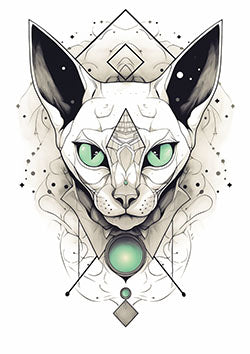 Tattoo template of a sphynx cat with geometric designs and glowing green eyes