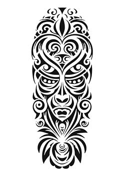 Tattoo template of a Maori-inspired tribal face with detailed patterns