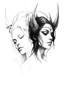 Tattoo template of a horned female pair symbolizing duality with contrasting light and dark elements