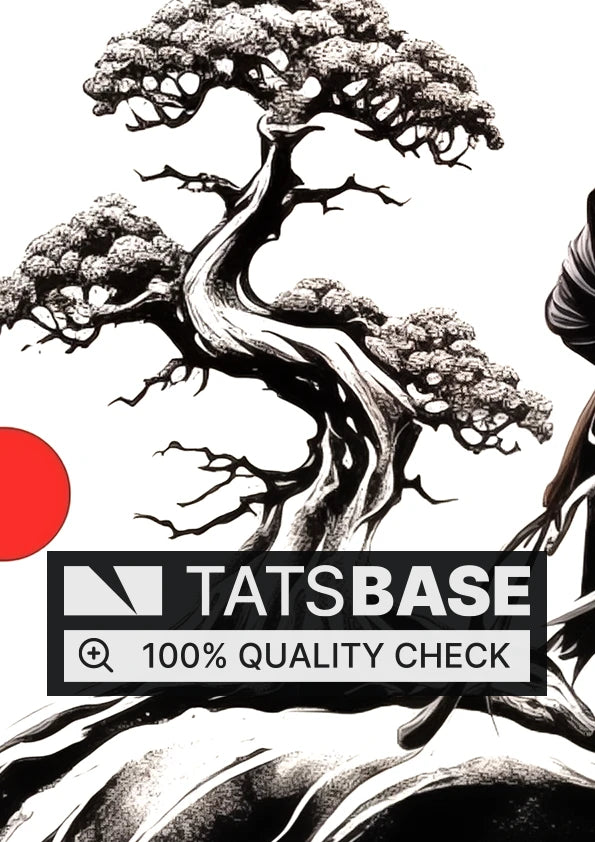 Tattoo template of a samurai beneath a bonsai tree