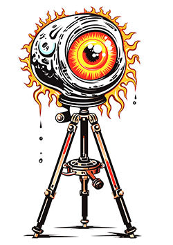 Tattoo template of a fiery, surreal eyeball camera on a vintage tripod