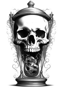 Tattoo template of a skull in an ornate urn, with smoke and descending mini skulls