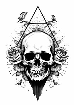 Tattoo template of a skull surrounded by roses within a geometric triangle