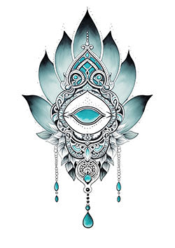 Tattoo template of a turquoise eye with ornate floral and geometric designs