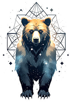 Tattoo template of a cosmic bear with geometric patterns.